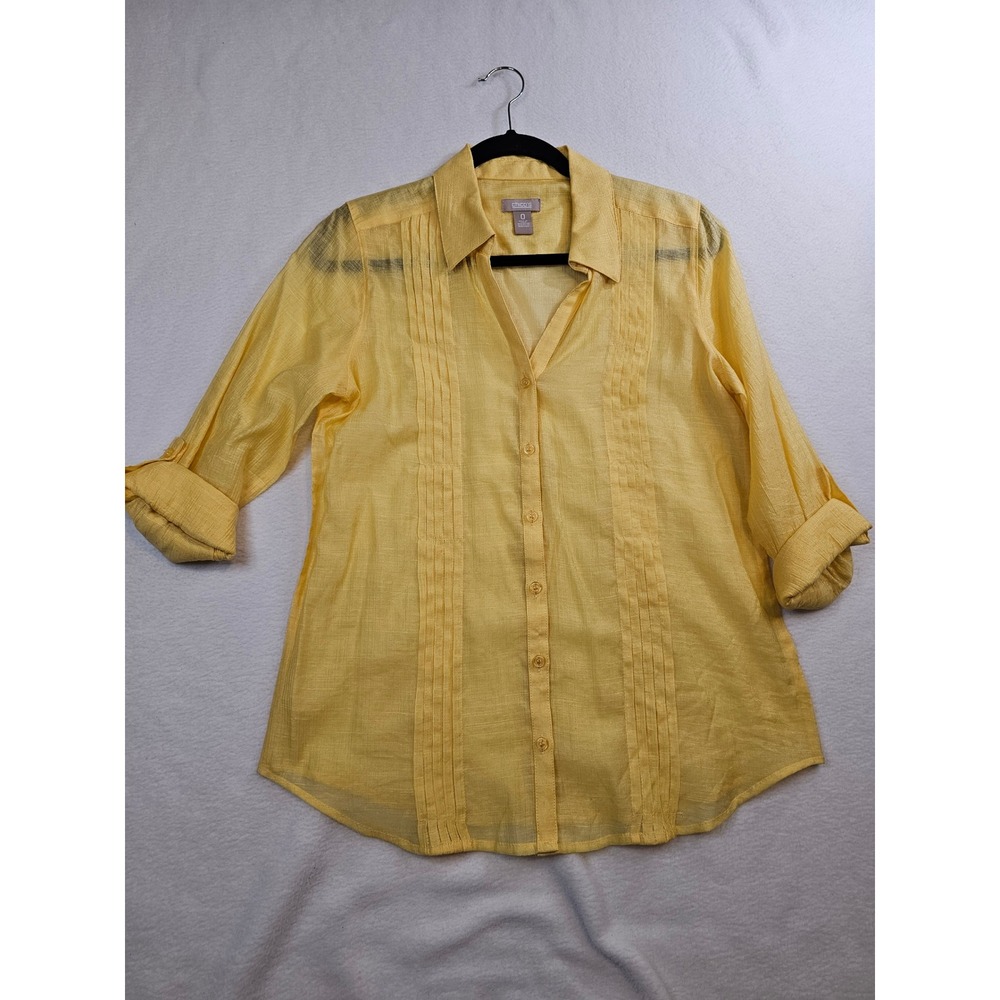 Chico's Yellow Pintuck Pleated Roll-Tab Sleeve Button Down Shirt Size 0= S